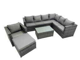 Rackhams Patio Sofa Oblong Coffee Table Set Rattan Garden Furniture Set with Big Stool Chair Dark Grey Mixed - thumbnail 1