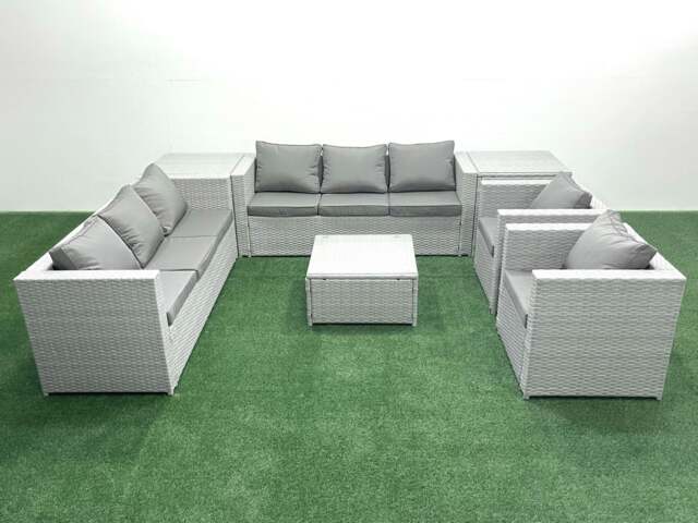 Rackhams Outdoor Rattan Sofa Garden Furniture Set with 2 Armchairs Square Coffee Table 2 Side Tables Light Grey Mixed - image 1