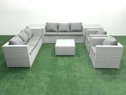 Rackhams Outdoor Rattan Sofa Garden Furniture Set with 2 Armchairs Square Coffee Table 2 Side Tables Light Grey Mixed - thumbnail 2