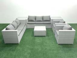 Rackhams Outdoor Rattan Sofa Garden Furniture Set with 2 Armchairs Square Coffee Table 2 Side Tables Light Grey Mixed - thumbnail 1