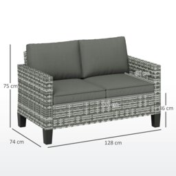 Rackhams Rattan Sofa w/ Cushions, 2 Seater Garden Furniture - Light Grey - 128W x 74D x 75Hcm - thumbnail 6