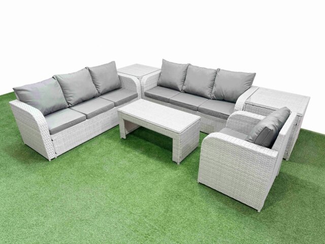 Rackhams 7-Seater Poly Rattan Garden Furniture Set - Light Grey Outdoor Patio Sofa with Oblong Coffee Table & Reclining Chair - image 1