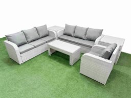 Rackhams 7-Seater Poly Rattan Garden Furniture Set - Light Grey Outdoor Patio Sofa with Oblong Coffee Table & Reclining Chair - thumbnail 1