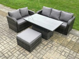 Rackhams Outdoor Rattan Garden Furniture Sets Height Adjustable Rising lifting Dining Table Lounge Sofa Set With Big Footstool Dark Grey Mixed - thumbnail 1