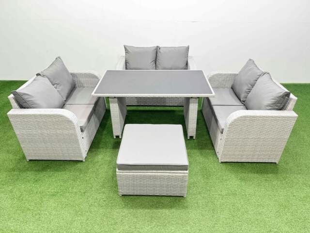 Rackhams 7 Seater Patio Garden Furniture Sets with Black Glass Top Dining Table Love Sofa Big Stool Light Grey - image 1