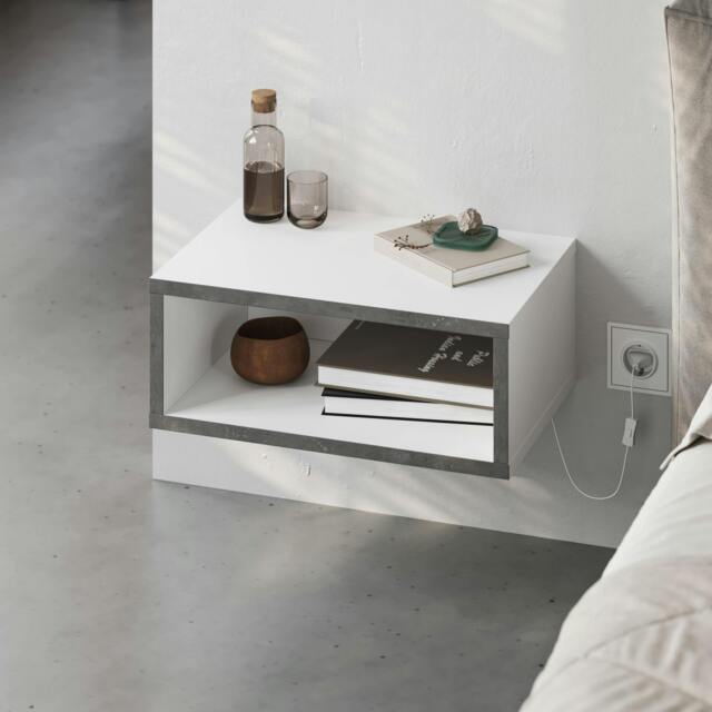 Rackhams Modern Floating Bedside Table w/ LED Lights 45cm Wall-Mount Nightstand End Table Open Shelf Bedroom - White-Retro Grey - image 1