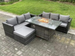 Rackhams Outdoor Rattan Garden Furniture Sofa Set Gas Fire Pit Dining Table Gas Heater Burner With 3 Seater Sofa Big Footstool 7 Seater Dark Grey Mixed - thumbnail 2