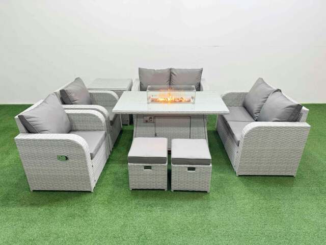 Rackhams 8 Seater Outdoor Reclining Chair Love Sofa Set Rattan Garden Furniture Set with Fire Pit Dining Table 2 Stools Side Table Light Grey - image 1