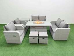 Rackhams 8 Seater Outdoor Reclining Chair Love Sofa Set Rattan Garden Furniture Set with Fire Pit Dining Table 2 Stools Side Table Light Grey - thumbnail 1