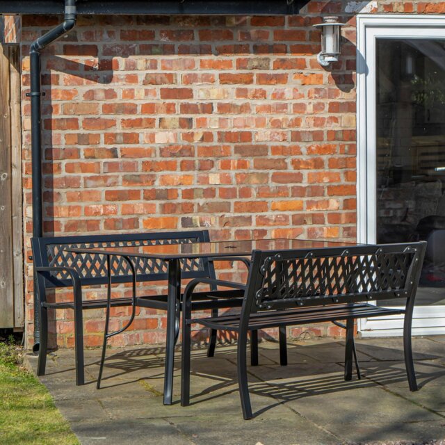 Rackhams Outdoor 4 Person Rectangular Glass Top Garden Dining Table and 2 Benches Set - Outdoor Furniture Sets - image 1