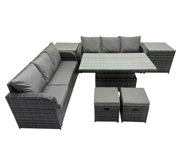 Rackhams Rattan Garden Furniture Dining Set 8 seater Height Adjustable Rising Table Sofa Set with 2 Side Table 2 Small Footstools Dark Grey Mixed - image 1