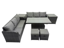 Rackhams Rattan Garden Furniture Dining Set 8 seater Height Adjustable Rising Table Sofa Set with 2 Side Table 2 Small Footstools Dark Grey Mixed - thumbnail 1