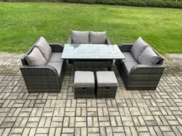 Rackhams 8 Seater Outdoor Rattan Garden Furniture Set with Patio Rectangular Dining Table Love Sofa 2 Small Footstools Dark Grey Mixed - thumbnail 1