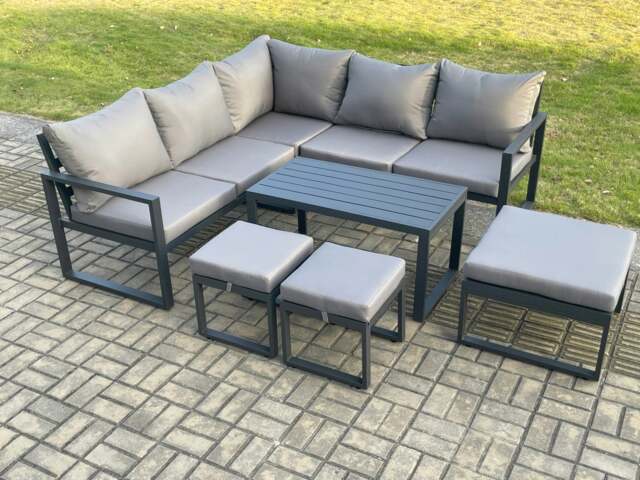 Rackhams Aluminium Outdoor Garden Furniture Set Lounge Sofa Oblong Coffee Table Sets with 3 Footstools Indoor Conservatory Set Dark Grey