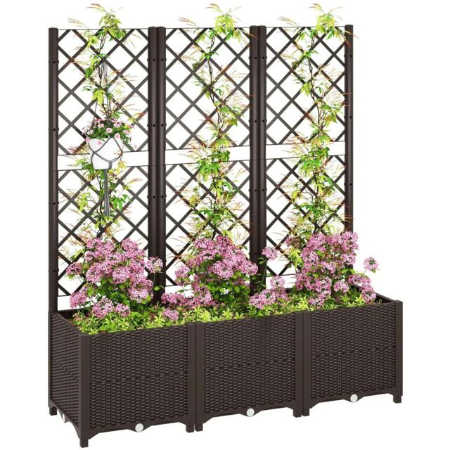 Rackhams Raised Garden Bed with Trellis, Plastic Planter Box with Drainage Holes, Drain Plugs and Water Reservoirs, Brown