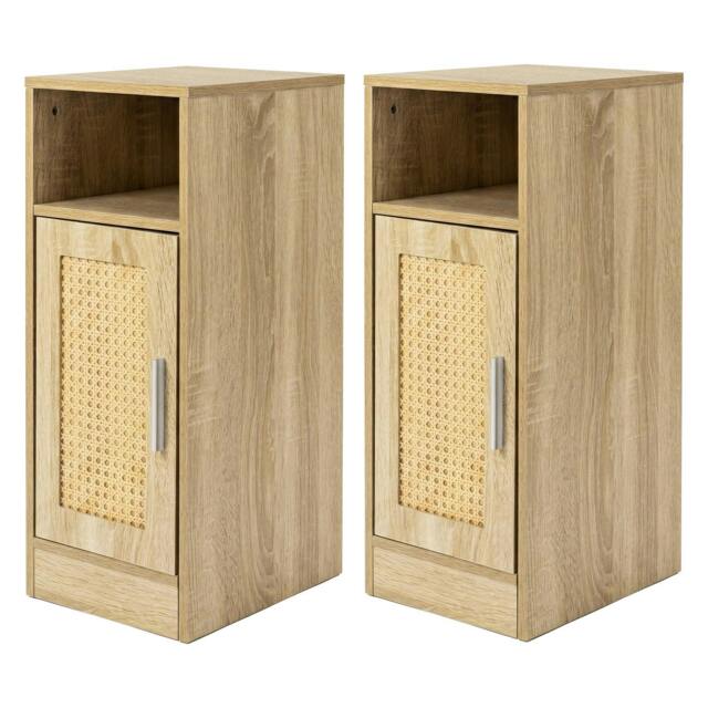 Rackhams Bedside Table 2 Pc Narrow Side Table Boho Rattan Storage For Bedroom Wood - image 1