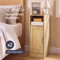 Rackhams Bedside Table 2 Pc Narrow Side Table Boho Rattan Storage For Bedroom Wood - thumbnail 2