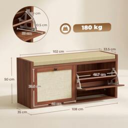 Rackhams Rattan Shoe Bench with Padded Cushion and 2 Cabinets, Brown - thumbnail 3