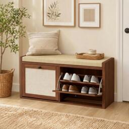 Rackhams Rattan Shoe Bench with Padded Cushion and 2 Cabinets, Brown