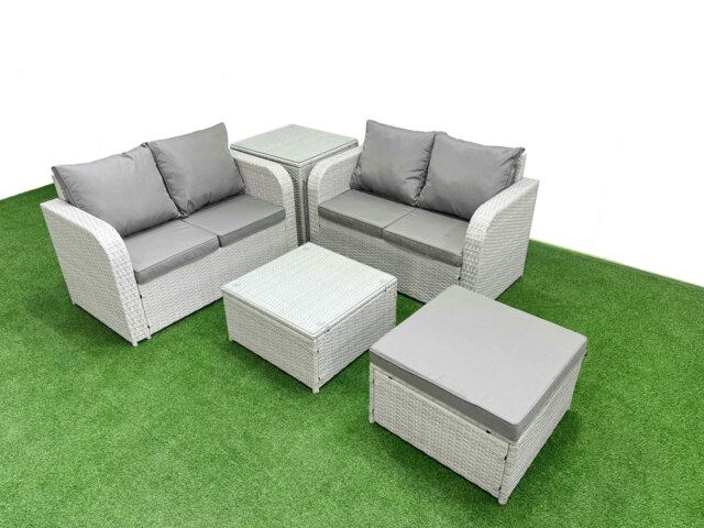 Rackhams 5 Seater Outdoor Love Sofa Set Rattan Garden Furniture Set with Square Coffee Table Big Footstool Side Table Light Grey - image 1