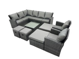 Rackhams 12 Seat Poly Rattan Outdoor Patio Coffee Table Corner Sofa Set with 4 Stool 2 Chairs for Garden Backyard Dark Grey Mixed - thumbnail 2