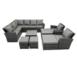 Rackhams 12 Seat Poly Rattan Outdoor Patio Coffee Table Corner Sofa Set with 4 Stool 2 Chairs for Garden Backyard Dark Grey Mixed - thumbnail 1