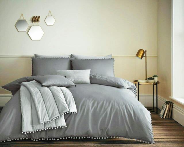 Rackhams Pom Pom Duvet Cover and Pillowcase Set - Charcoal - Double (200cm x 200cm)