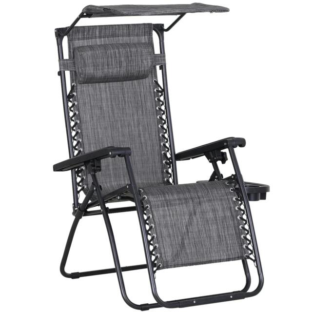 Rackhams Foldable Reclining Garden Chair with Headrest, Zero Gravity Deck Sun Lounger Seat Chair with Footrest, Armrest, Cup Holder & Canopy Shade, Grey - image 1