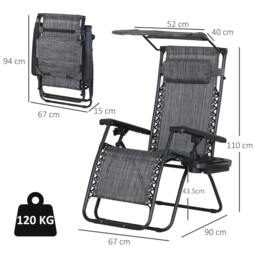 Rackhams Foldable Reclining Garden Chair with Headrest, Zero Gravity Deck Sun Lounger Seat Chair with Footrest, Armrest, Cup Holder & Canopy Shade, Grey - thumbnail 2