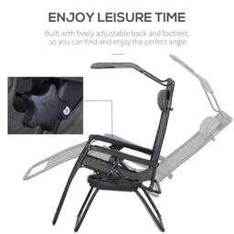 Rackhams Foldable Reclining Garden Chair with Headrest, Zero Gravity Deck Sun Lounger Seat Chair with Footrest, Armrest, Cup Holder & Canopy Shade, Grey - thumbnail 6