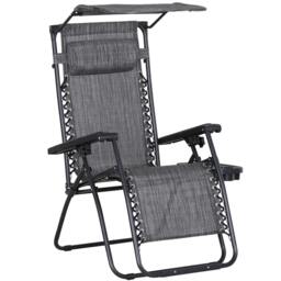 Rackhams Foldable Reclining Garden Chair with Headrest, Zero Gravity Deck Sun Lounger Seat Chair with Footrest, Armrest, Cup Holder & Canopy Shade, Grey - thumbnail 1