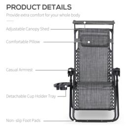 Rackhams Foldable Reclining Garden Chair with Headrest, Zero Gravity Deck Sun Lounger Seat Chair with Footrest, Armrest, Cup Holder & Canopy Shade, Grey - thumbnail 3