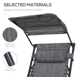 Rackhams Foldable Reclining Garden Chair with Headrest, Zero Gravity Deck Sun Lounger Seat Chair with Footrest, Armrest, Cup Holder & Canopy Shade, Grey - thumbnail 4