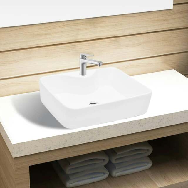 Rackhams Ceramic Bathroom Sink Basin with Faucet Hole White Square