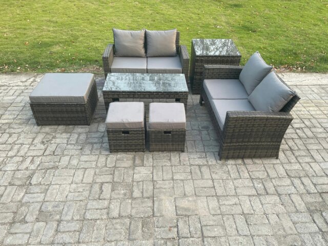 Rackhams 7 Seater High Back Rattan Garden Furniture Sofa Sets with Rectangular Coffee Table Side Table 3 Footstools Loveseat Sofa Dark Grey Mixed - image 1