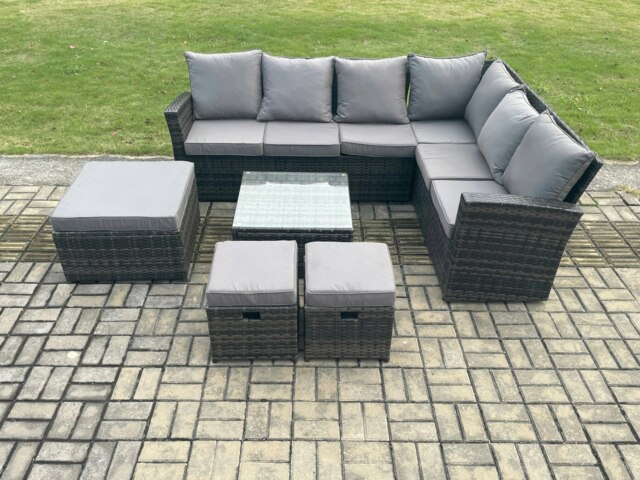 Rackhams Rattan Garden Furniture Set Outdoor Lounge Corner Sofa Set With Square Coffee Table 3 Footstools 9 Seater Dark Grey Mixed - image 1