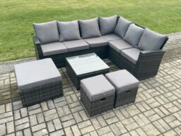 Rackhams Rattan Garden Furniture Set Outdoor Lounge Corner Sofa Set With Square Coffee Table 3 Footstools 9 Seater Dark Grey Mixed - thumbnail 2