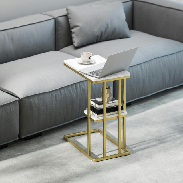 Rackhams C-Shaped Narrow Side Table, End Table with Shelf, White Marble Grain - White - image 1