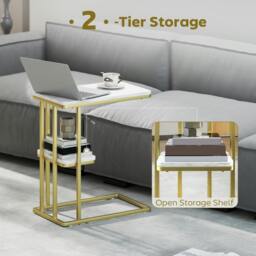 Rackhams C-Shaped Narrow Side Table, End Table with Shelf, White Marble Grain - White - thumbnail 4