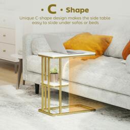 Rackhams C-Shaped Narrow Side Table, End Table with Shelf, White Marble Grain - White - thumbnail 3