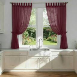 Rackhams Voile Tab Top Curtain Pair with Crystal Tie Backs Sheer Window Panels - Maroon - 150cm width x 137cm drop