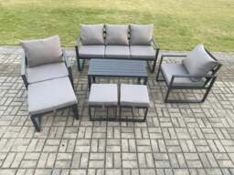 Rackhams Aluminium 7 Pieces Garden Furniture Sofa Set with Cushions 8 Seater Outdoor Patio Set with 2 Armchair 3 Footstools Dark Grey - thumbnail 1