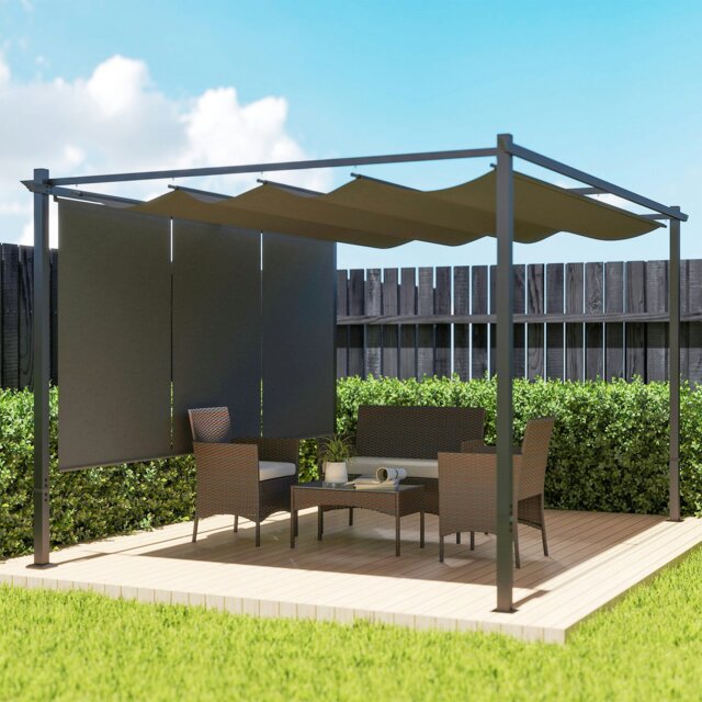 Rackhams 3 x 4m Metal Pergola with Retractable Roof and Roller Shade, Beige - Grey - Metal, Polyester Fabric - 390L x 293W x 220H cm - image 1