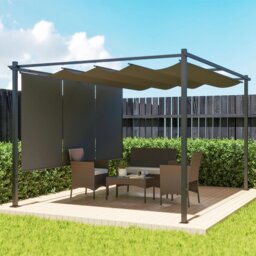 Rackhams 3 x 4m Metal Pergola with Retractable Roof and Roller Shade, Beige - Grey - Metal, Polyester Fabric - 390L x 293W x 220H cm - thumbnail 1