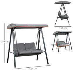 Rackhams 2 Seater Garden Outdoor Swing Chair Hammock w/ Adjustable Canopy Grey - thumbnail 4