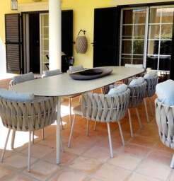 Rackhams Vallee Rattan Outdoor Dining Table Set, Table With Six Dining Chairs - Table 240cm (with 6 chairs) - Dark Grey Back Cushion + Light Grey Seat Cushion - Table 240cm (with 6 chairs) - thumbnail 5