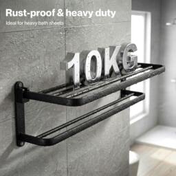 Rackhams Towel Holder with 2 Bars Wall Mounted Black No Drill Bathroom Shelf Black - thumbnail 5