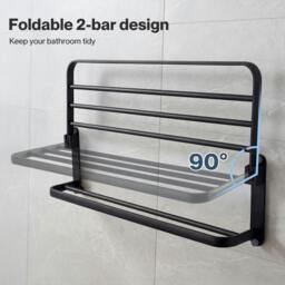 Rackhams Towel Holder with 2 Bars Wall Mounted Black No Drill Bathroom Shelf Black - thumbnail 6
