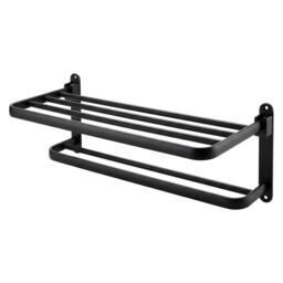 Rackhams Towel Holder with 2 Bars Wall Mounted Black No Drill Bathroom Shelf Black