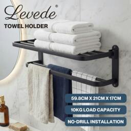 Rackhams Towel Holder with 2 Bars Wall Mounted Black No Drill Bathroom Shelf Black - thumbnail 2